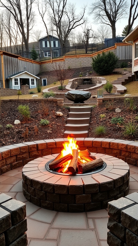 A beautifully designed backyard featuring a stone fire pit, retaining walls, and landscaped steps.