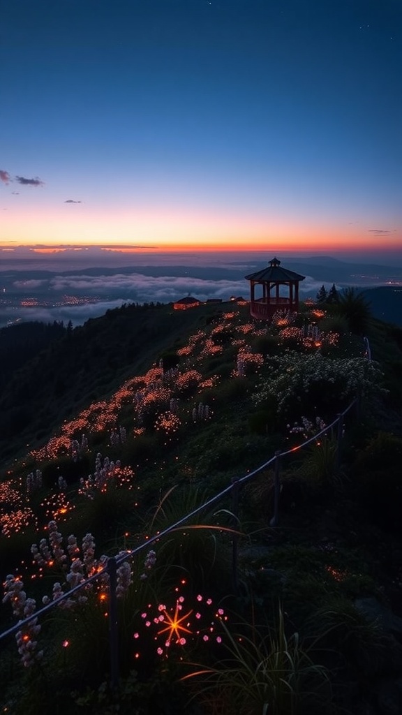 A hillside garden illuminated with glowing plants resembling fireflies under a twilight sky.