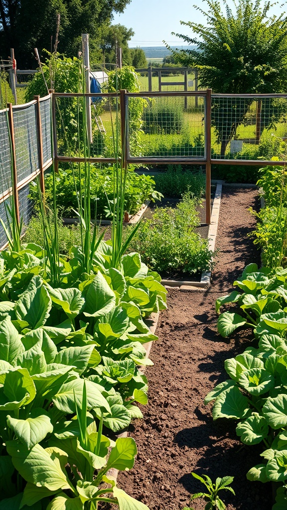 A bright and organized vegetable garden with raised beds, lush green plants, and clear pathways.