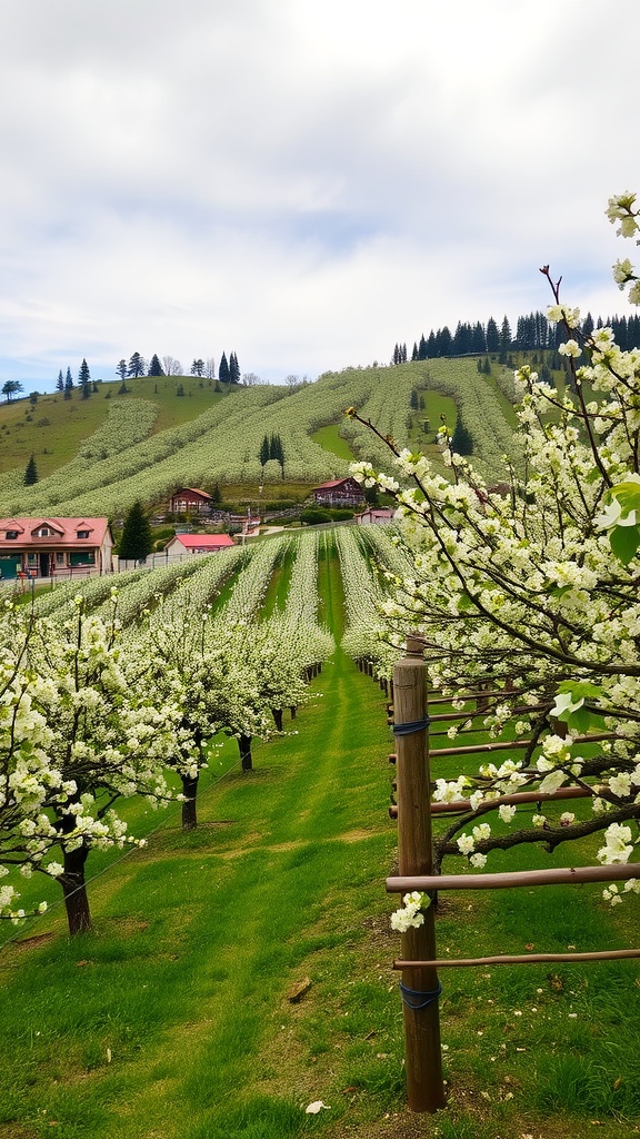 A flowering fruit tree orchard on a hillside with people walking along a path.