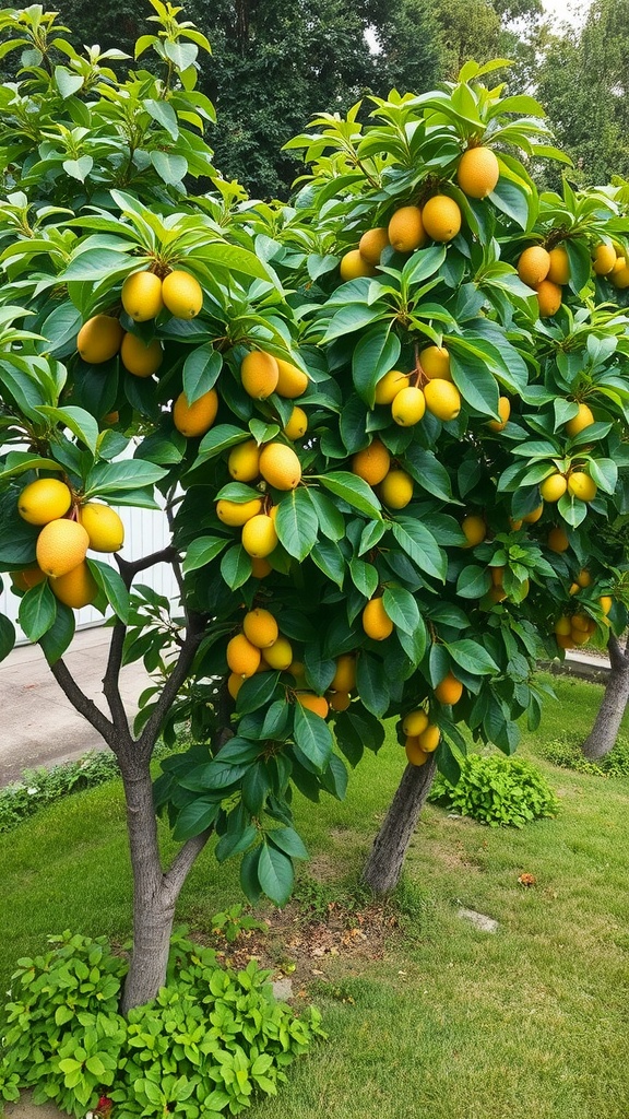 Vibrant fruit trees with yellow fruits growing in a sloped backyard, accompanied by a smaller plant and decorative pot.