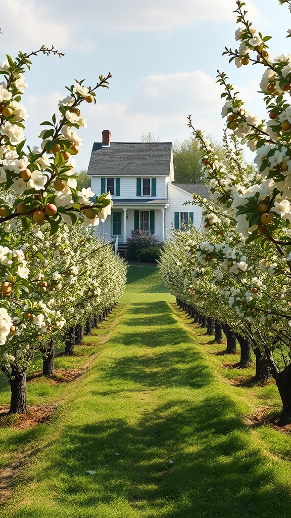 Orchard with blooming fruit trees leading to a farmhouse