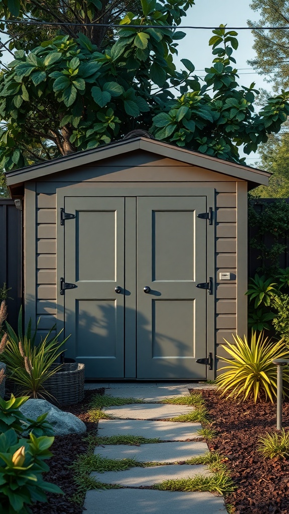 A stylish outdoor shed surrounded by greenery