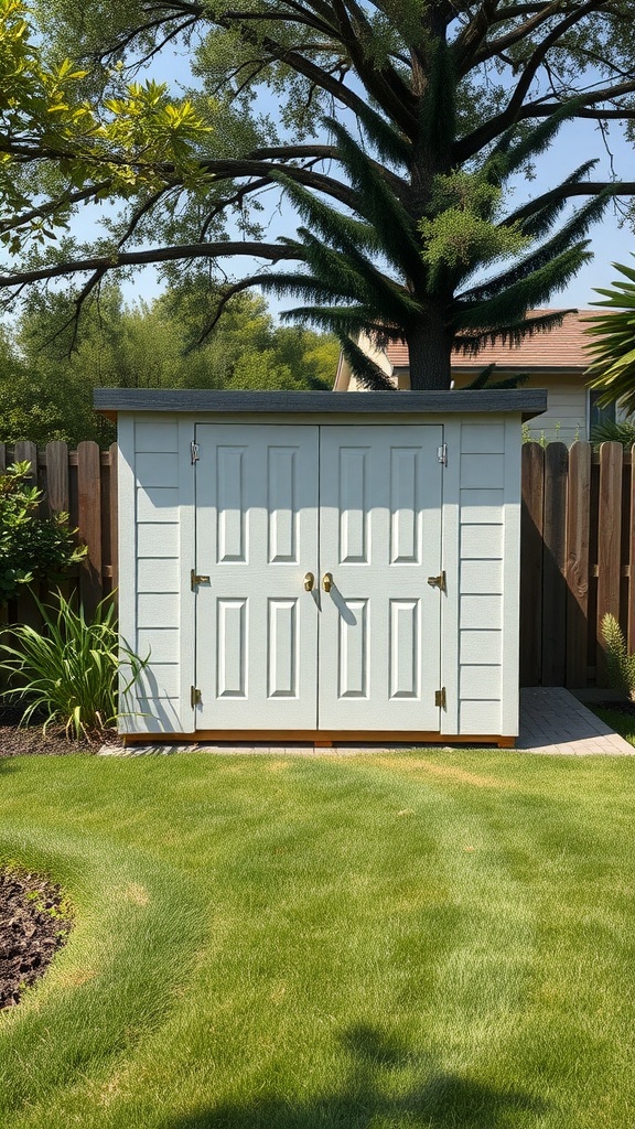 A small light-colored shed in a green side yard, surrounded by plants and trees.