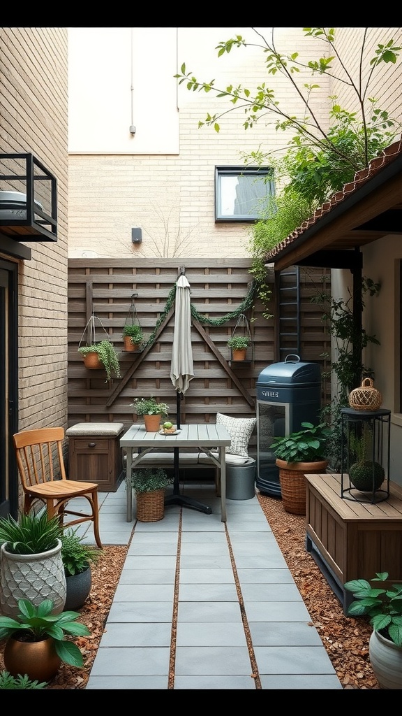 A small courtyard featuring functional storage solutions with plants, a table, and a storage unit.