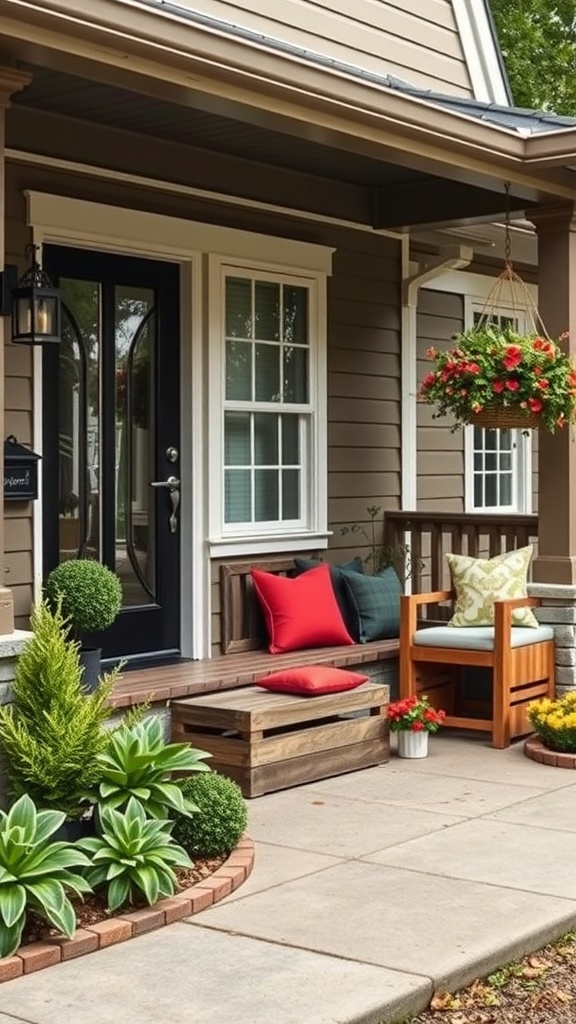 A cozy front porch featuring a wooden storage bench, colorful pillows, and vibrant potted plants.