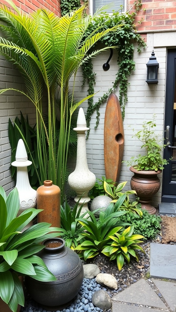 A small courtyard garden featuring sculptures, plants, and a decorative stone path.