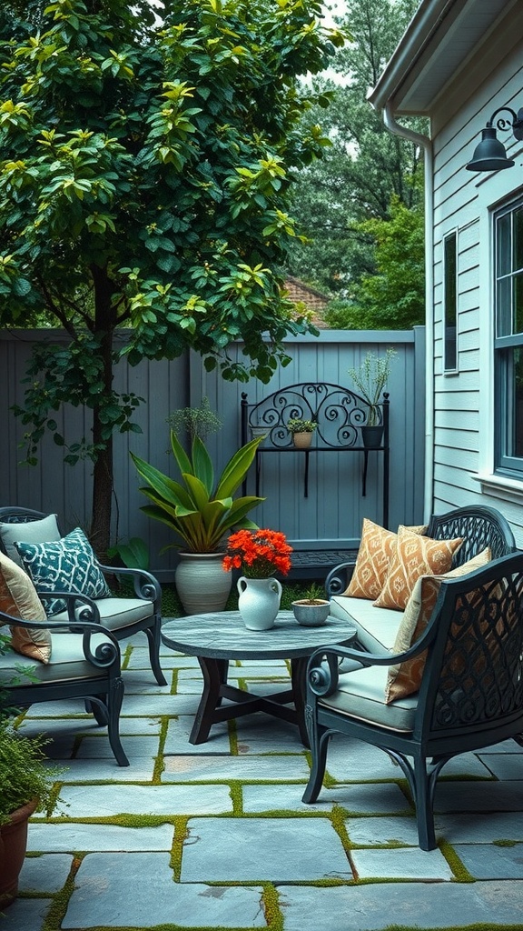 A cozy side yard seating area with metal chairs, cushions, a round table, and potted plants.