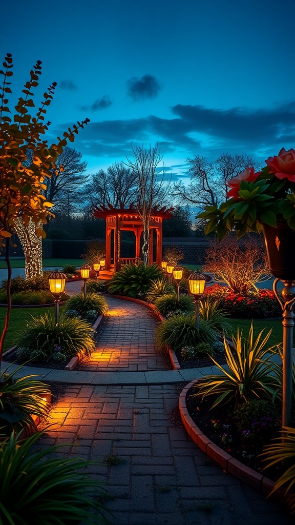 A beautifully lit garden pathway with warm lights and lush greenery under a twilight sky.