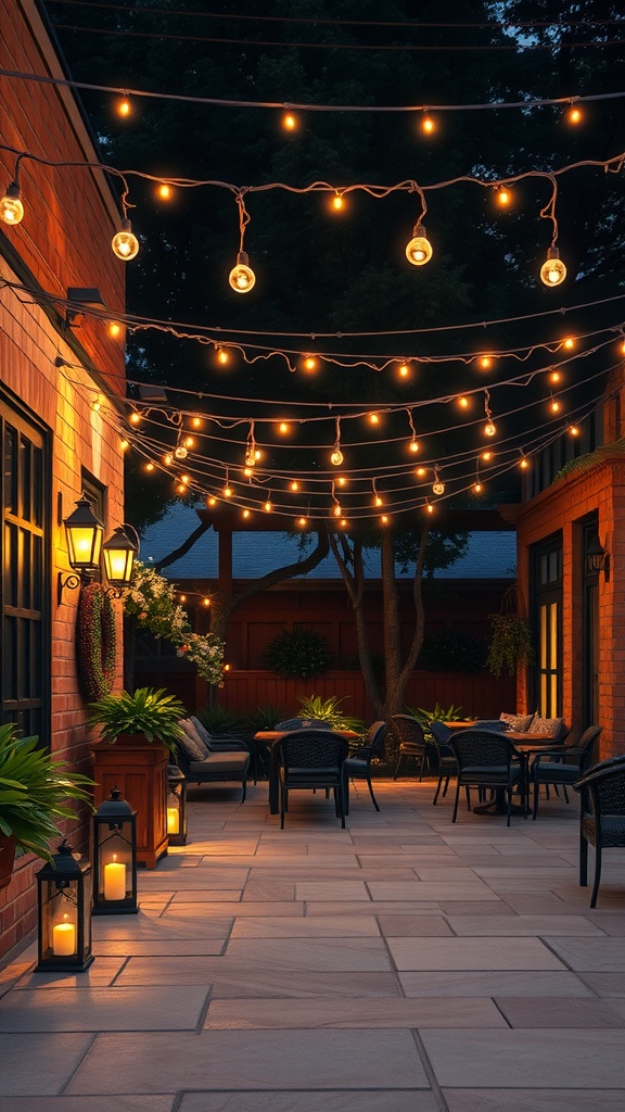 A beautifully lit patio garden with string lights and lanterns