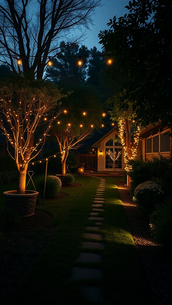 A beautifully lit backyard with string lights and pathway stones