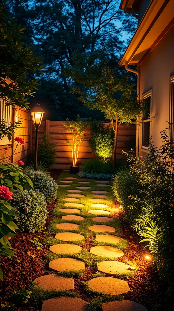 A beautifully lit side yard with a stone pathway, surrounded by flowers and shrubs, illuminated by ground lights and a lamp.