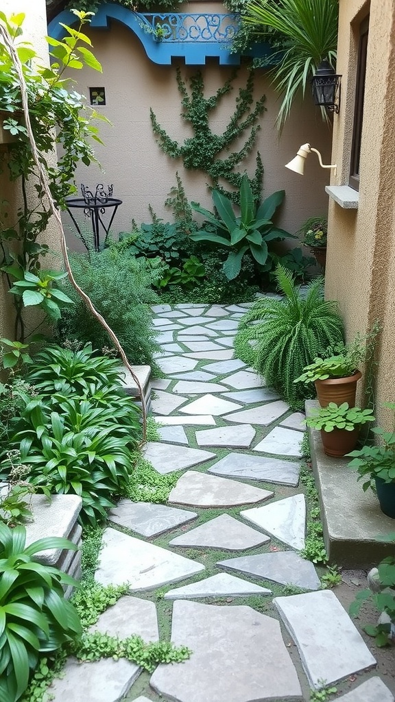 A charming stone pathway in a small courtyard garden surrounded by lush plants in pots.