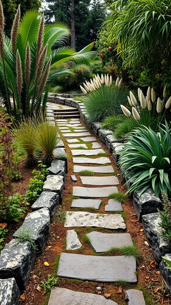 A winding garden pathway made of local stone surrounded by lush greenery.