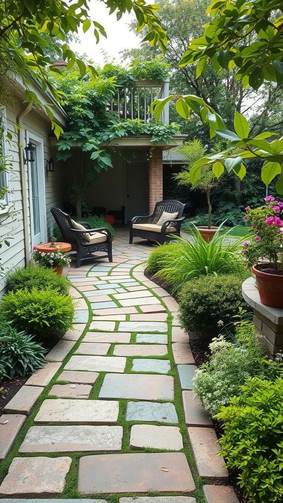 A garden pathway made of pavers surrounded by lush plants and chairs.