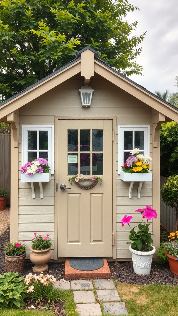 Charming garden shed with window boxes filled with flowers, surrounded by potted plants and greenery.