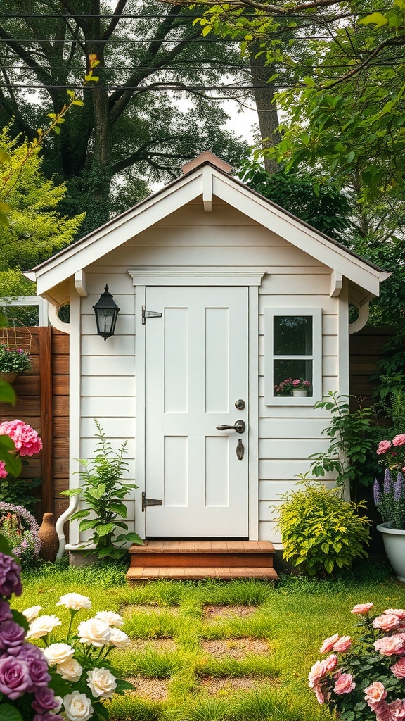 A charming white garden shed surrounded by colorful flowers and greenery.