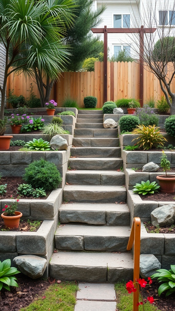 Stone garden steps leading up through terraced plants and flowers in a side yard.