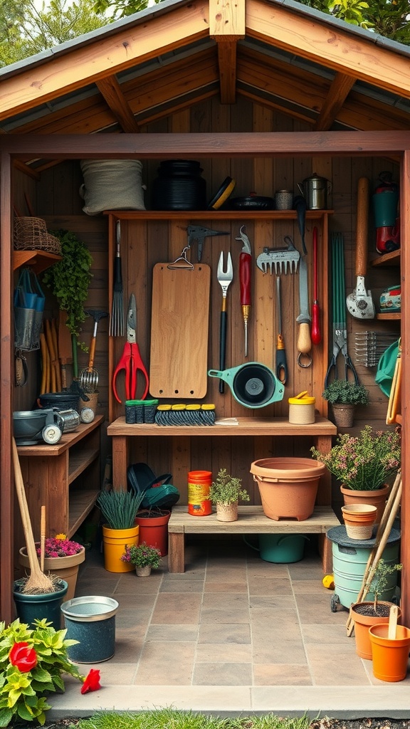 A well-organized garden shed with tools and colorful pots