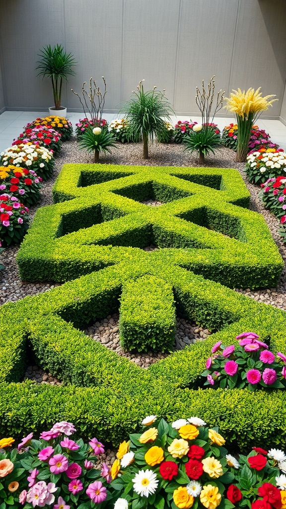 A garden featuring geometric boxwood patterns surrounded by colorful flower beds