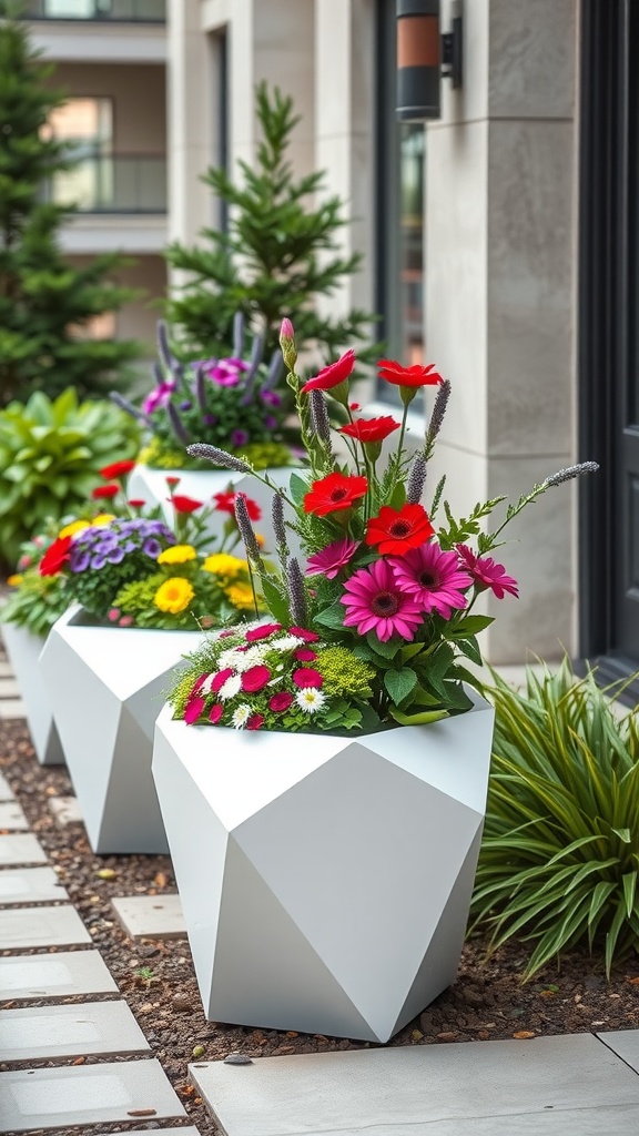 A modern side yard with geometric white planters filled with colorful flowers.