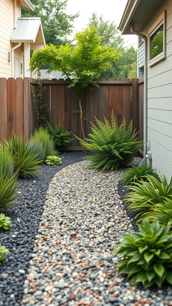 A side yard with a winding gravel path surrounded by greenery and a wooden fence.