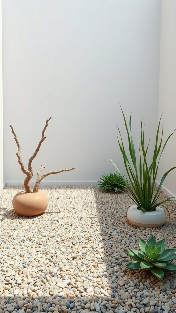 Modern gravel landscaping featuring potted plants and decorative stones.