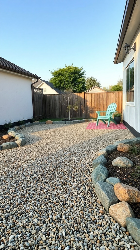 Gravel patio with rock borders and a green chair