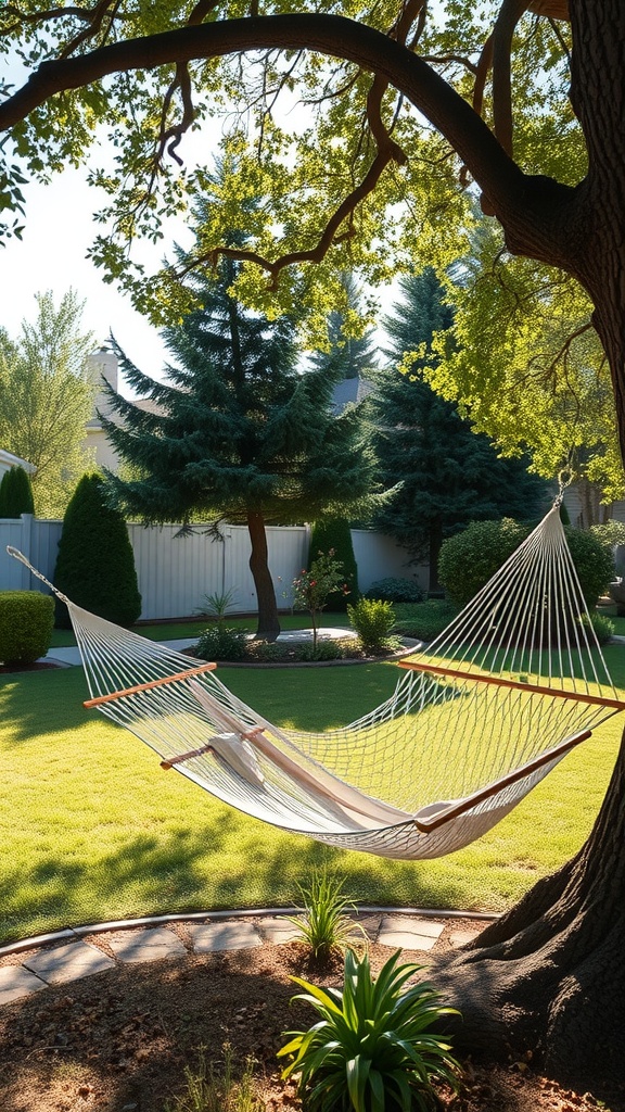 A white hammock hanging between trees in a secluded backyard, surrounded by greenery.