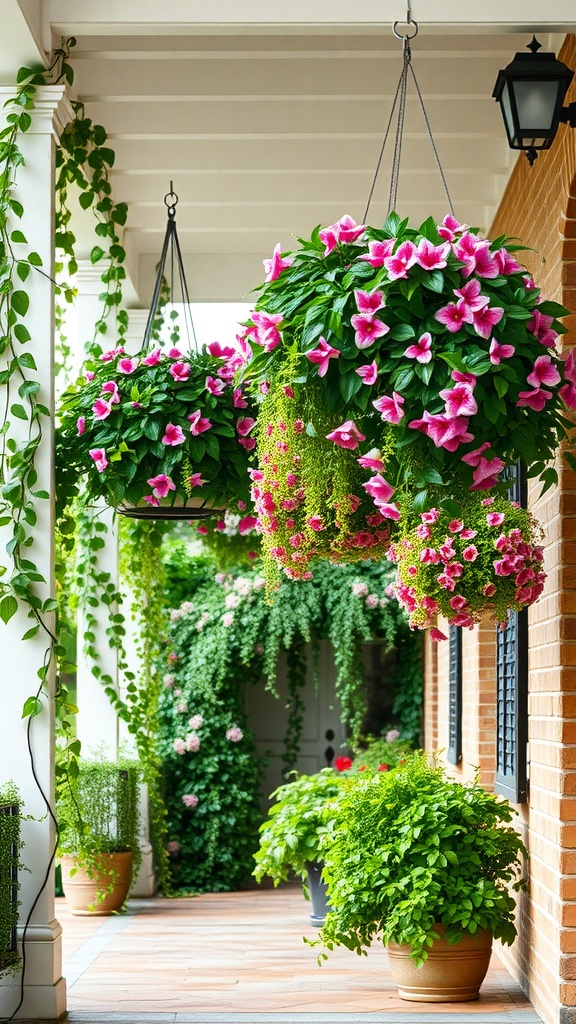 Vibrant hanging flower baskets with pink blooms on a patio