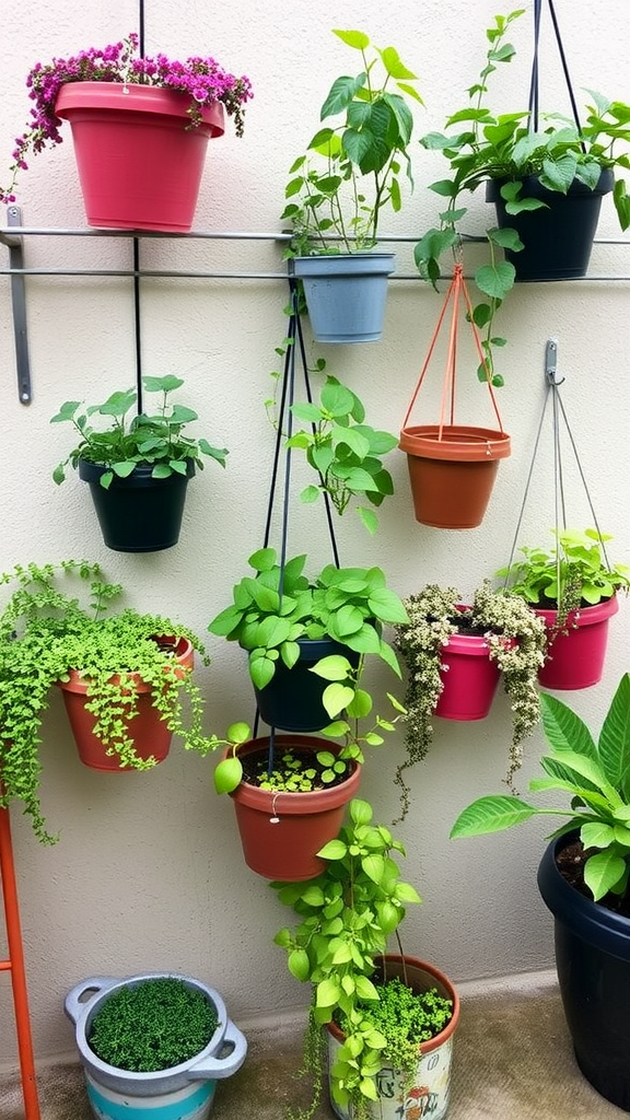 A collection of hanging terracotta planters with assorted green plants and yellow flowers against a white wall.