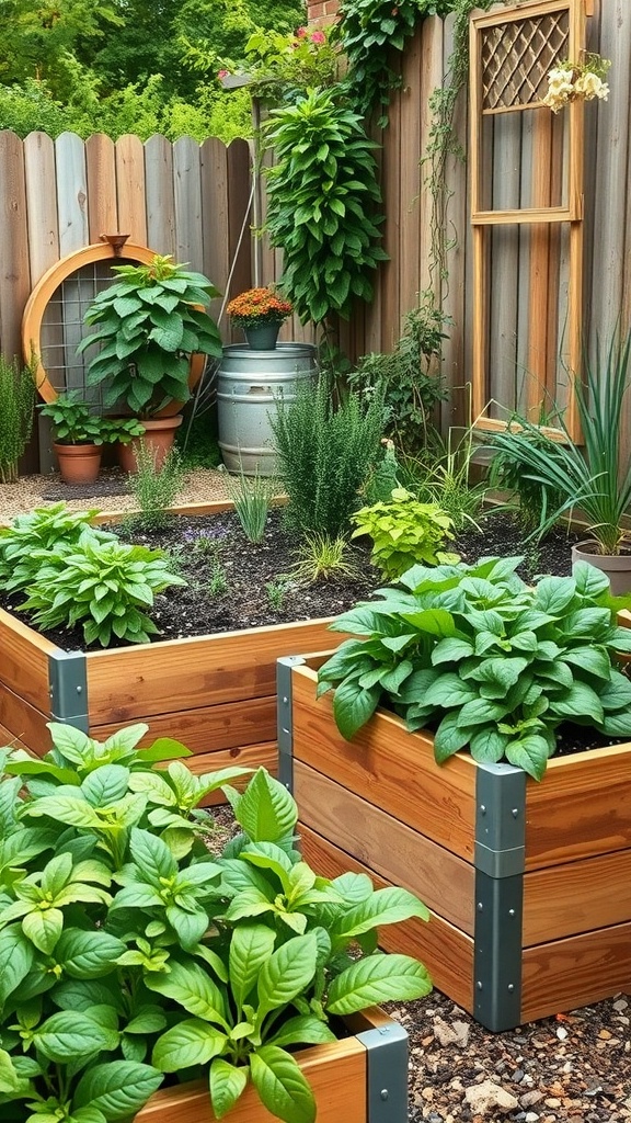 A side yard with raised garden beds filled with herbs and vegetables, surrounded by greenery and wooden fencing.