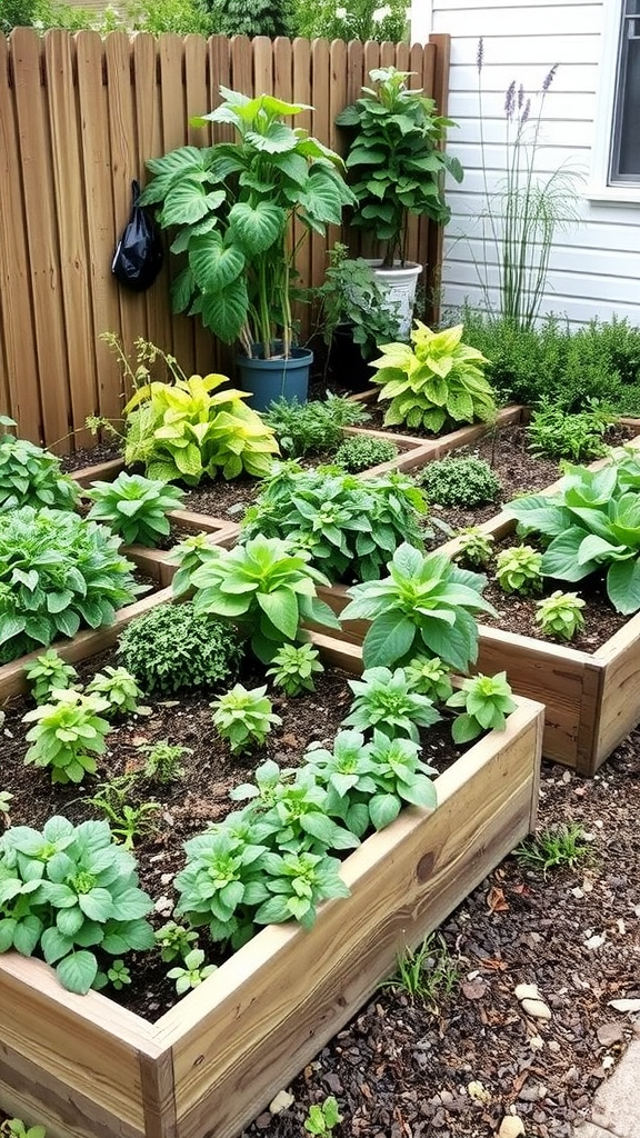 A side yard with raised garden beds filled with herbs and vegetables, showcasing healthy greens and young plants.