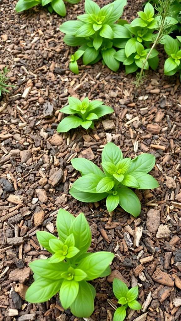 A close-up of an herb garden featuring various herbs like basil and rosemary, with dark mulch enhancing the plants.