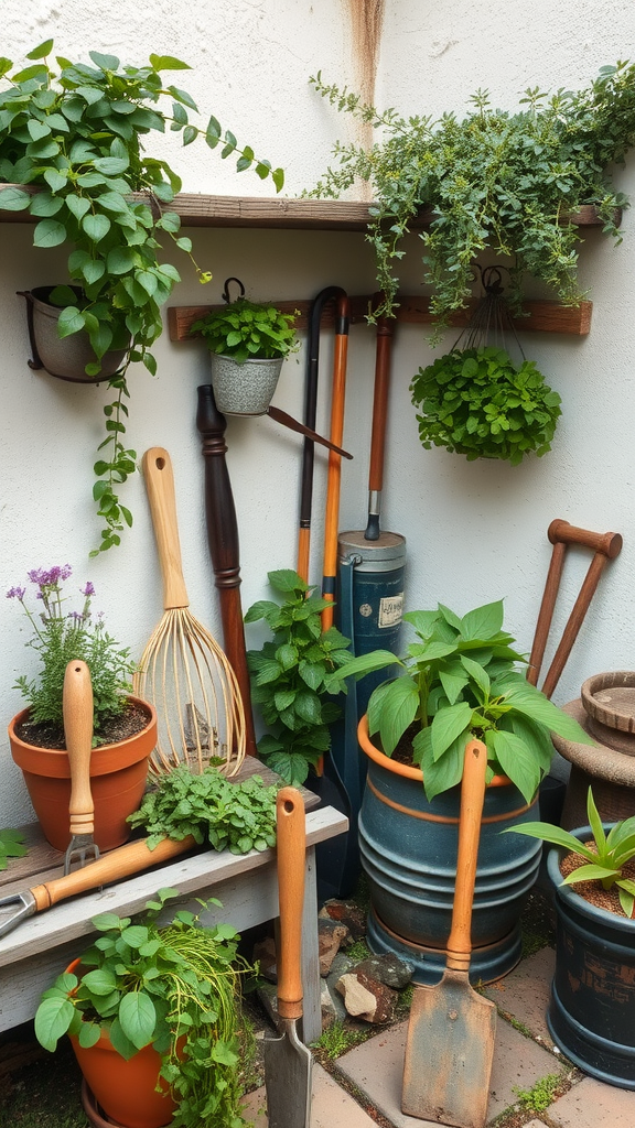 A cozy herb nook featuring various potted herbs, a wooden shelf, and gardening tools