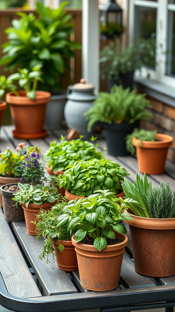 A variety of herb planters on a wooden table, featuring thriving plants like basil and mint.