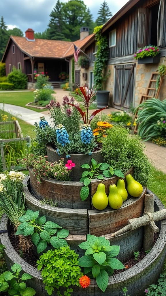 A wooden herb spiral garden filled with various herbs and colorful flowers, featuring pears on the side and a farmhouse in the background.