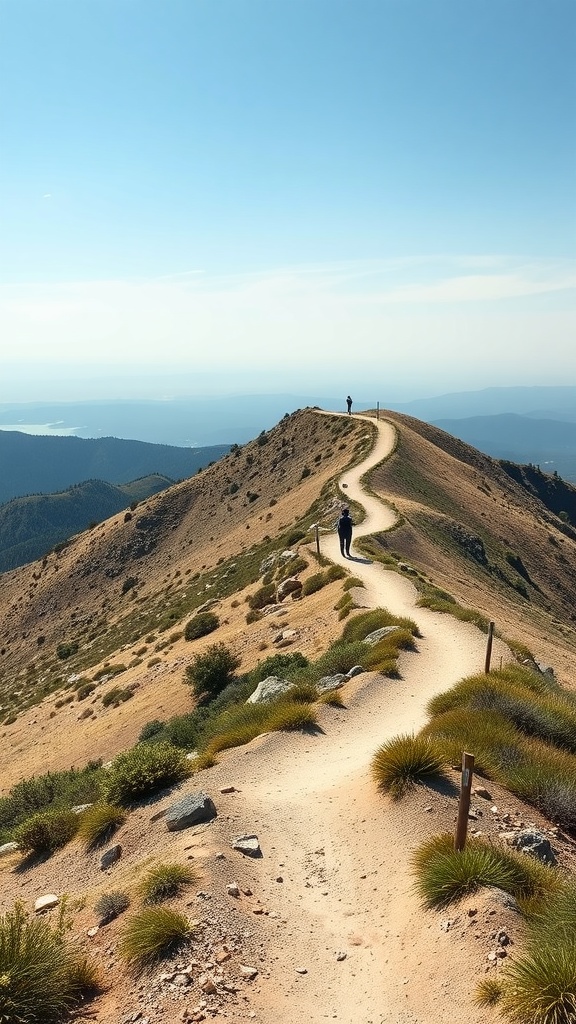 A scenic hiking trail winding along a hilltop with a person walking down