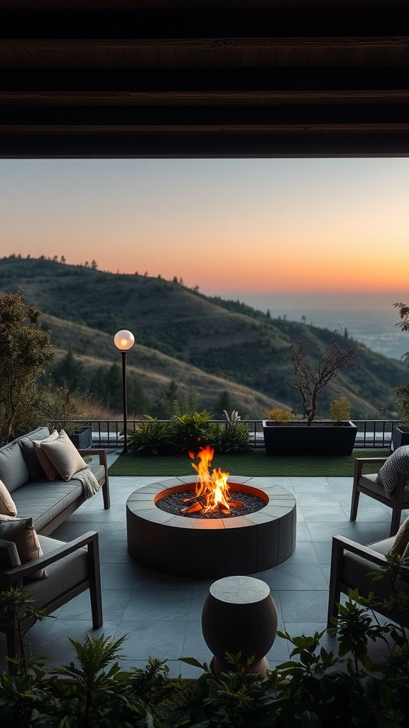 A modern fire pit on a hillside with seating and plants, overlooking a beautiful sunset.