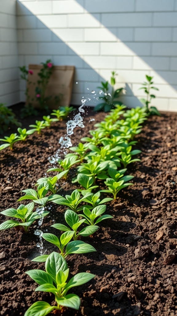 A row of young green plants being watered in a garden.