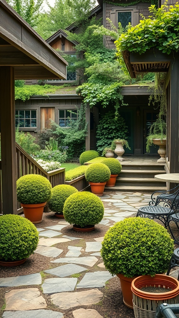 A rustic garden featuring a stone path surrounded by neatly trimmed boxwoods and wooden structures.