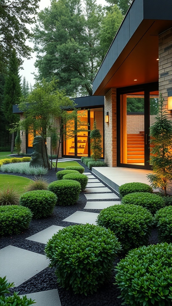 Modern landscape design featuring boxwood shrubs and stepping stones.