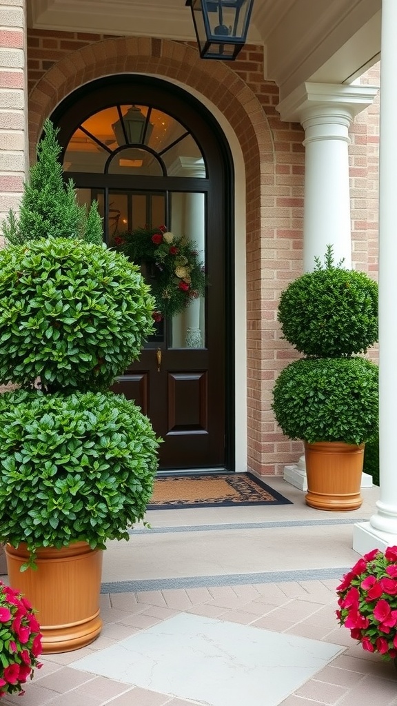 Artful boxwood arrangements in an entryway with a welcoming door and seasonal decor.