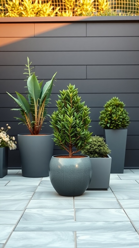 Contemporary patio with boxwood plants in modern pots.