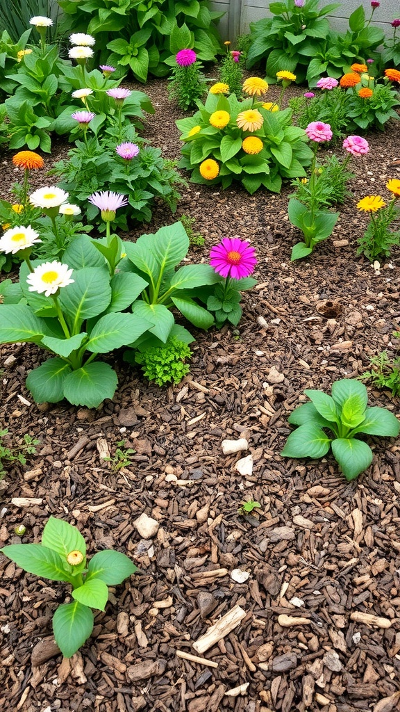 A vibrant garden with colorful flowers and plants, featuring a layer of organic mulch