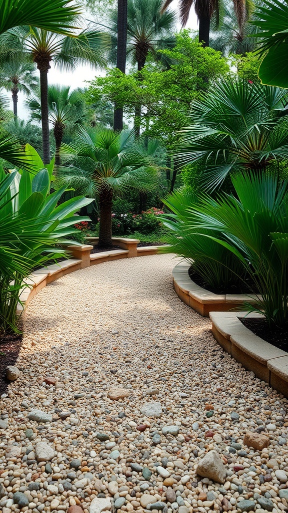 A winding path made of decorative gravel surrounded by palm trees and lush greenery.