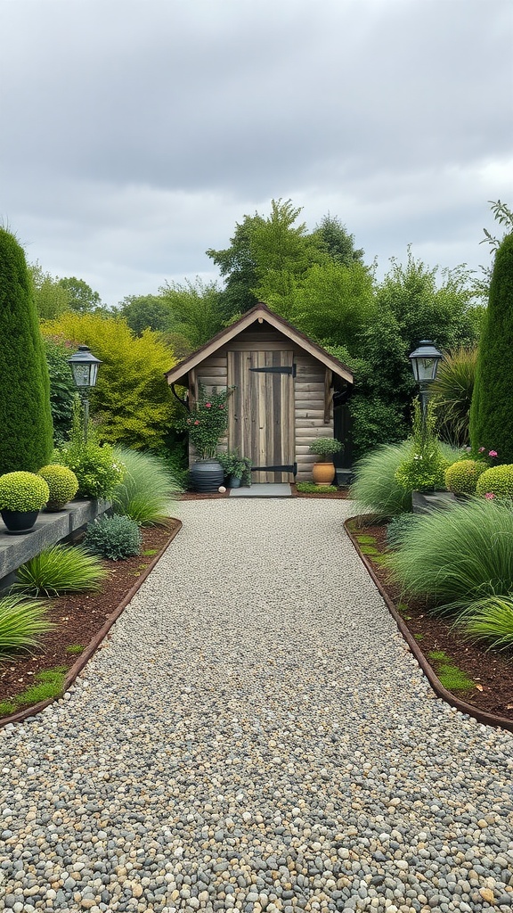 A gravel pathway leading to a wooden shed, surrounded by greenery and decorative plants.