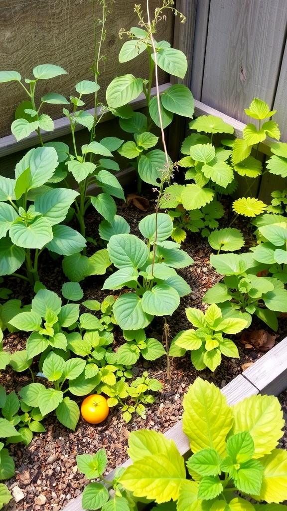 A lush tiny backyard garden filled with tomato plants and squash, showcasing a variety of ripe vegetables.