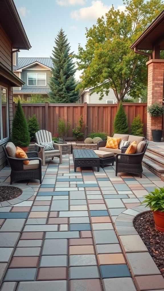 An inviting patio with colorful stone pavers, comfortable seating, and greenery.