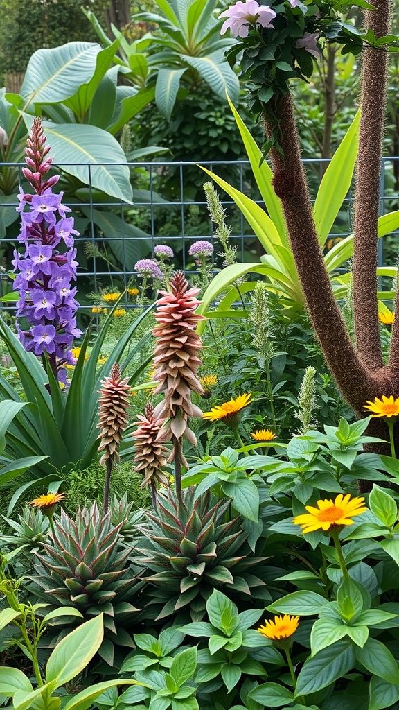 A lush garden filled with various native plants, featuring purple flowers, yellow blooms, and green foliage.